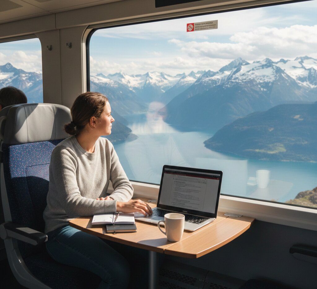 Woman working on laptop in Swiss Train with WiFi