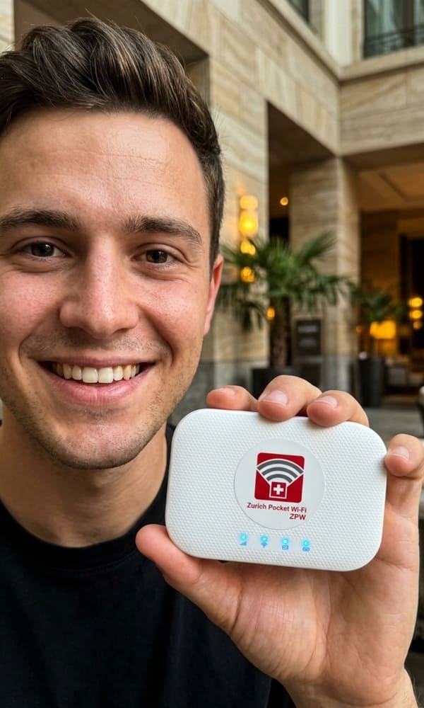 Traveler using 5G Pocket WiFi during Zurich layover