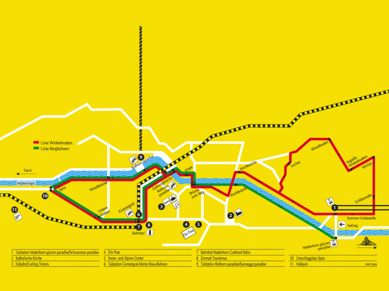 Zermatt E-Bus Lines and Station Transport Map